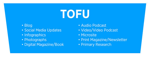 Todo lo que necesitas saber sobre marketing de contenidos 7 Ejemplos de contenido de TOFU: blog, actualizaciones de redes sociales, infografías, fotografías, revista / libro digital, podcast de audio, podcast de video / video, micrositio, revista impresa / boletín informativo, investigación primaria